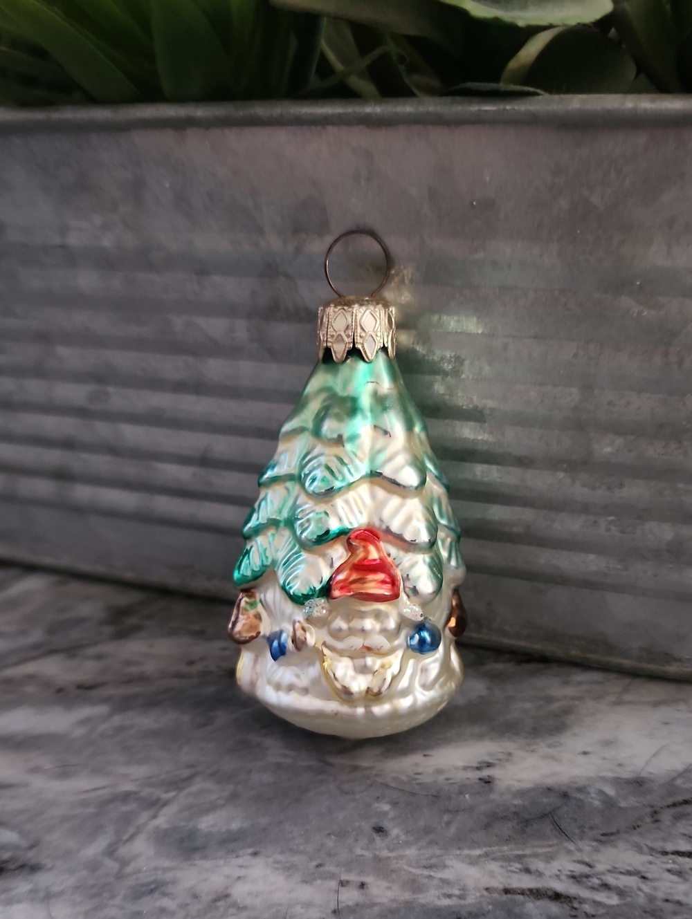 Christmas Tree with Santa & Mushrooms Glass Christmas Ornament 3" W Germany, Vtg